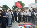 تظاهر کنندگان روز قدس در نارداران آذربایجان پرچم های امریکا و رژیم اسرائیل را به آتش کشیدند
